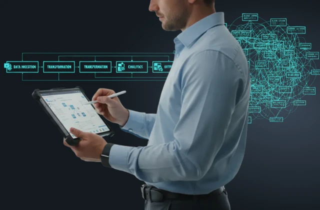  A man uses a stylus on a tablet showing a data flow diagram, with a complex data network graphic in the background.