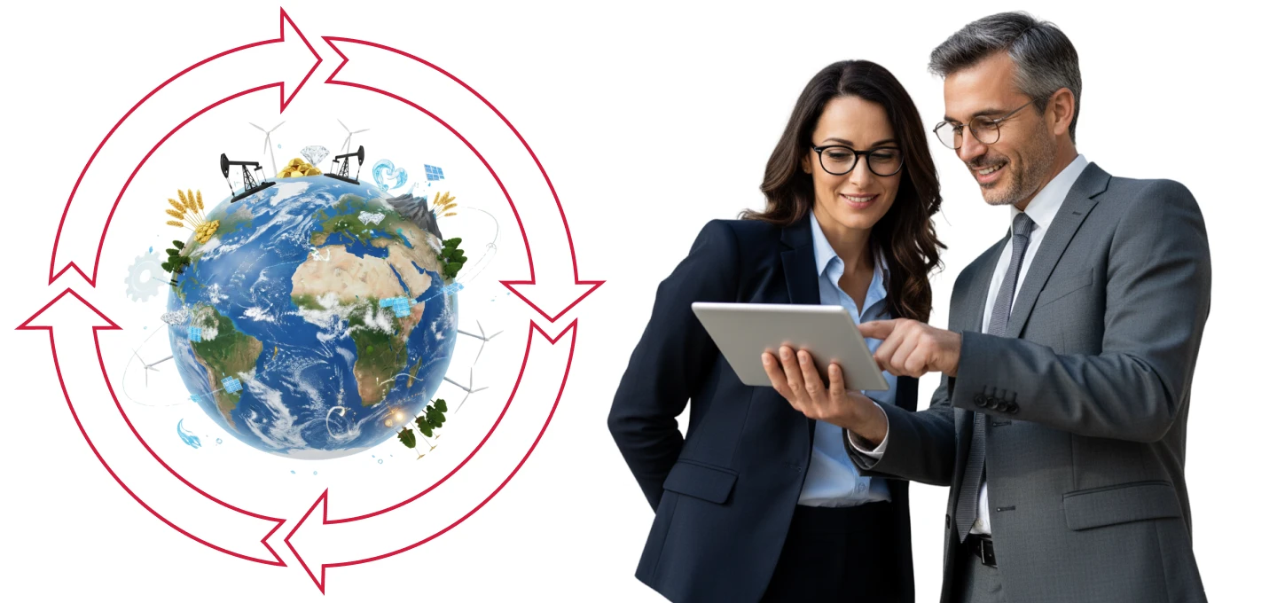 Business professionals using a tablet beside a globe with circular arrows, illustrating carbon performance across the product lifecycle.