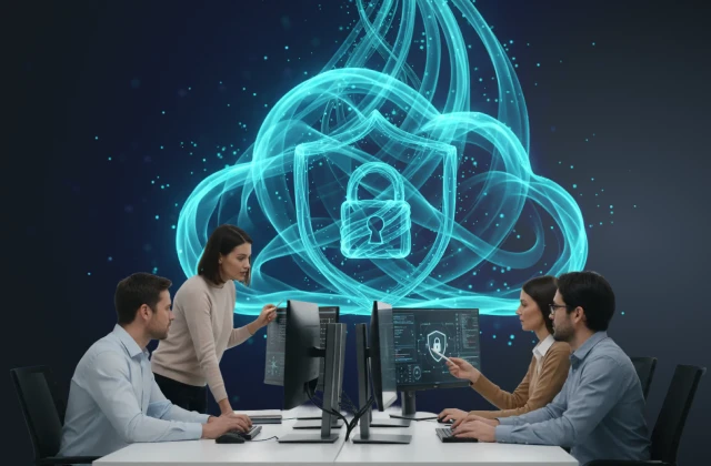 Four professionals are gathered around a computer screen in a dark room with a large, glowing, blue, abstract cloud/security graphic in the background.