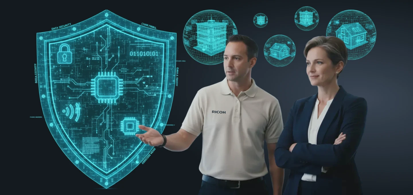 A 3D render of a metallic shield glowing with bright cyan lines representing a complex electronic circuit board or digital network. A red, pulsating light at the center of the circuit represents a core system or a point of defense, with faint red sparks radiating away from the shield, symbolizing protection against a cyber threat. The background is dark and moody with a subtle spotlight shining from the upper left.