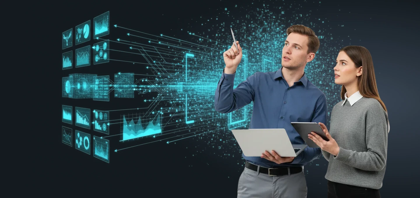 A 3D render of a futuristic machine or processor, resembling a loom or a digital fabricator. On the left, streams of raw, wavy, light blue data enter the device. The machine processes this data, transforming it into a cohesive, patterned 'fabric' of integrated digital circuit lines and information flowing out on the right. Small heads-up displays with data metrics float above the machine, symbolizing the organization, analysis, and refinement of data using AI.