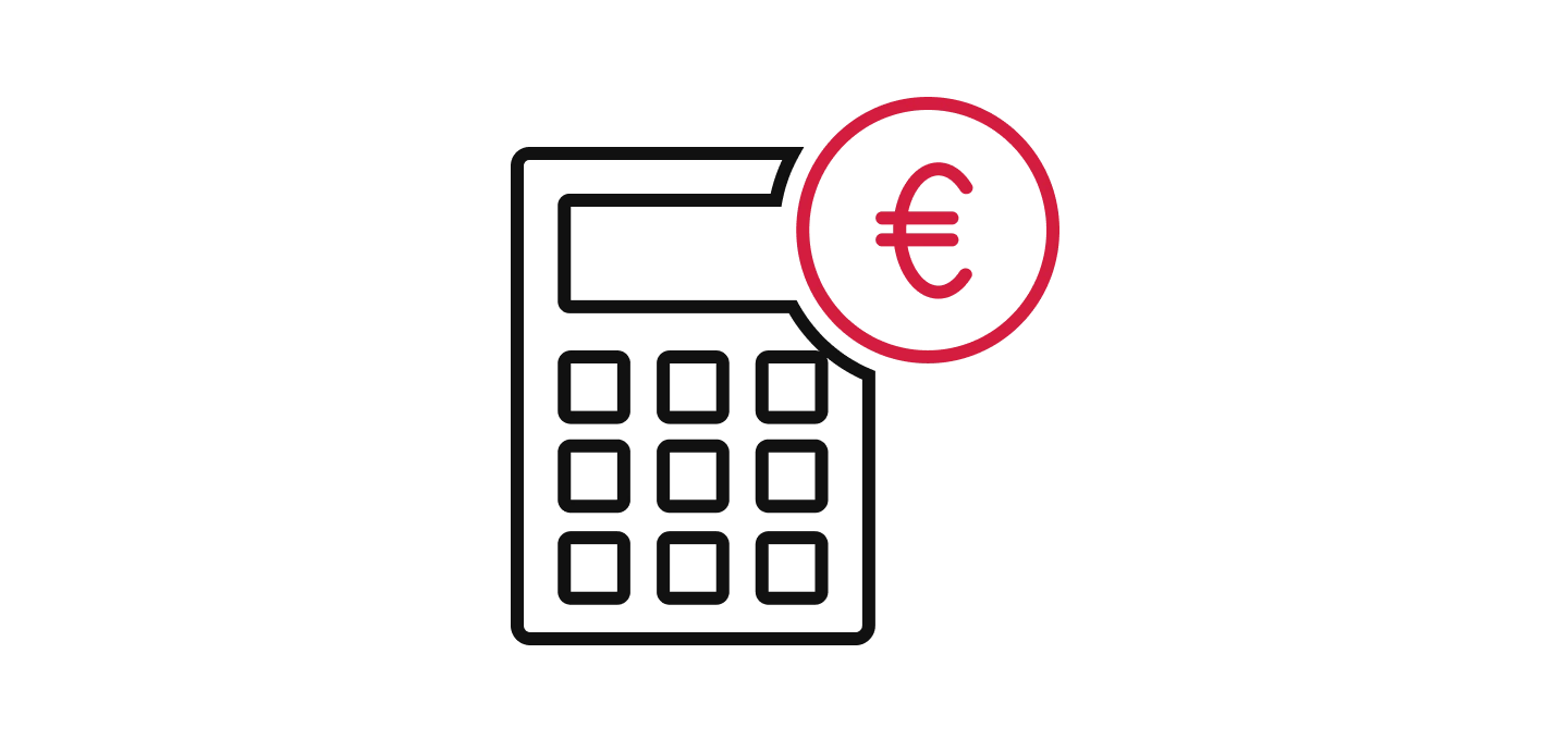 Calculator icon with a Euro sign, symbolizing costs or pricing.