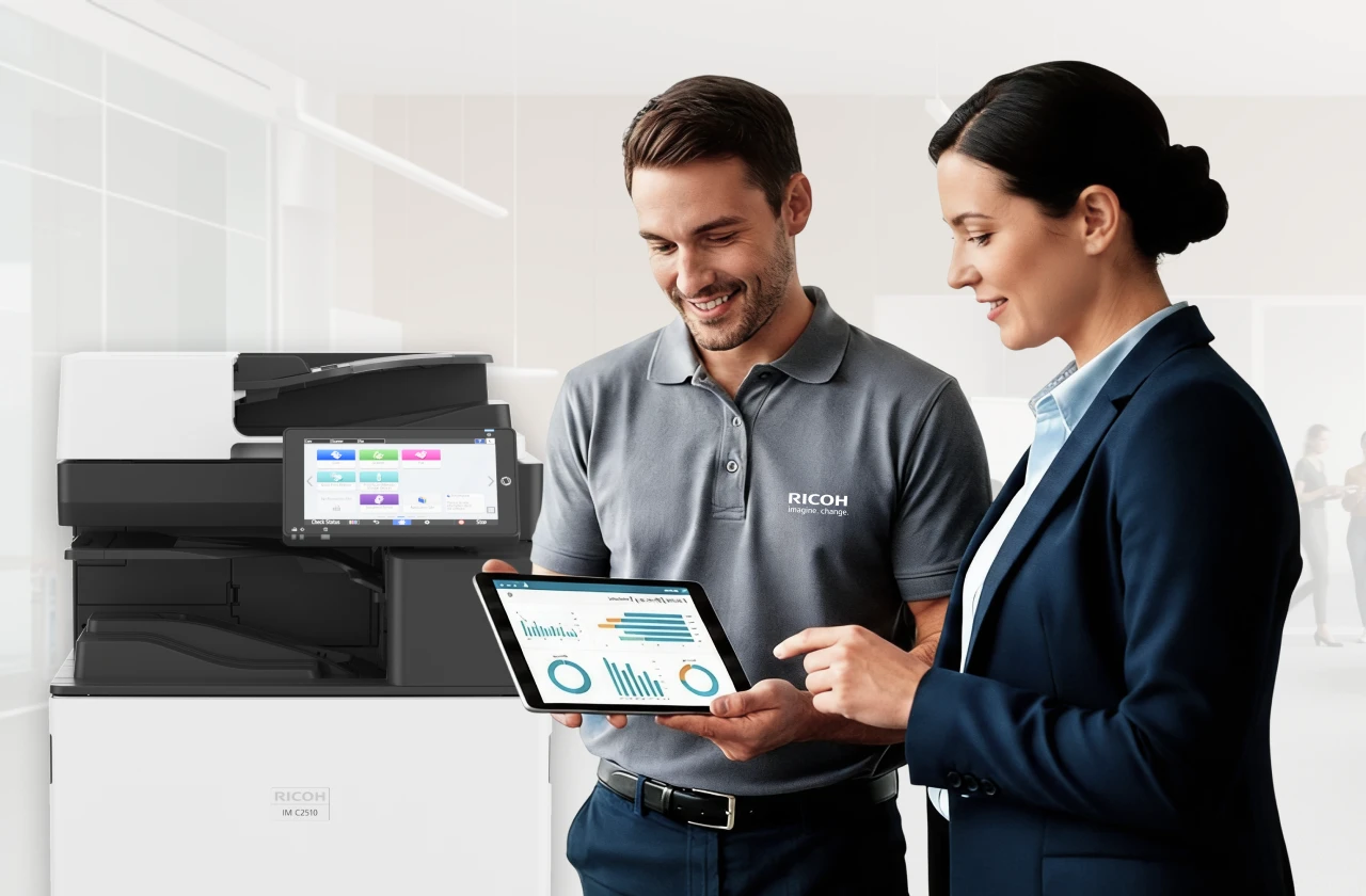 Office printer beside two colleagues reviewing performance charts on a tablet in a modern workspace.