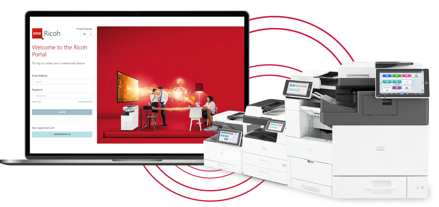 A laptop with the Ricoh logo on the screen. The screen shows a login page for the Ricoh Portal. A group of people are working together in the background.  In the foreground, there are several Ricoh multifunction printers.  The image is surrounded by red circles that transmit the idea of connection between the One Ricoh Portal and the Ricoh devices.