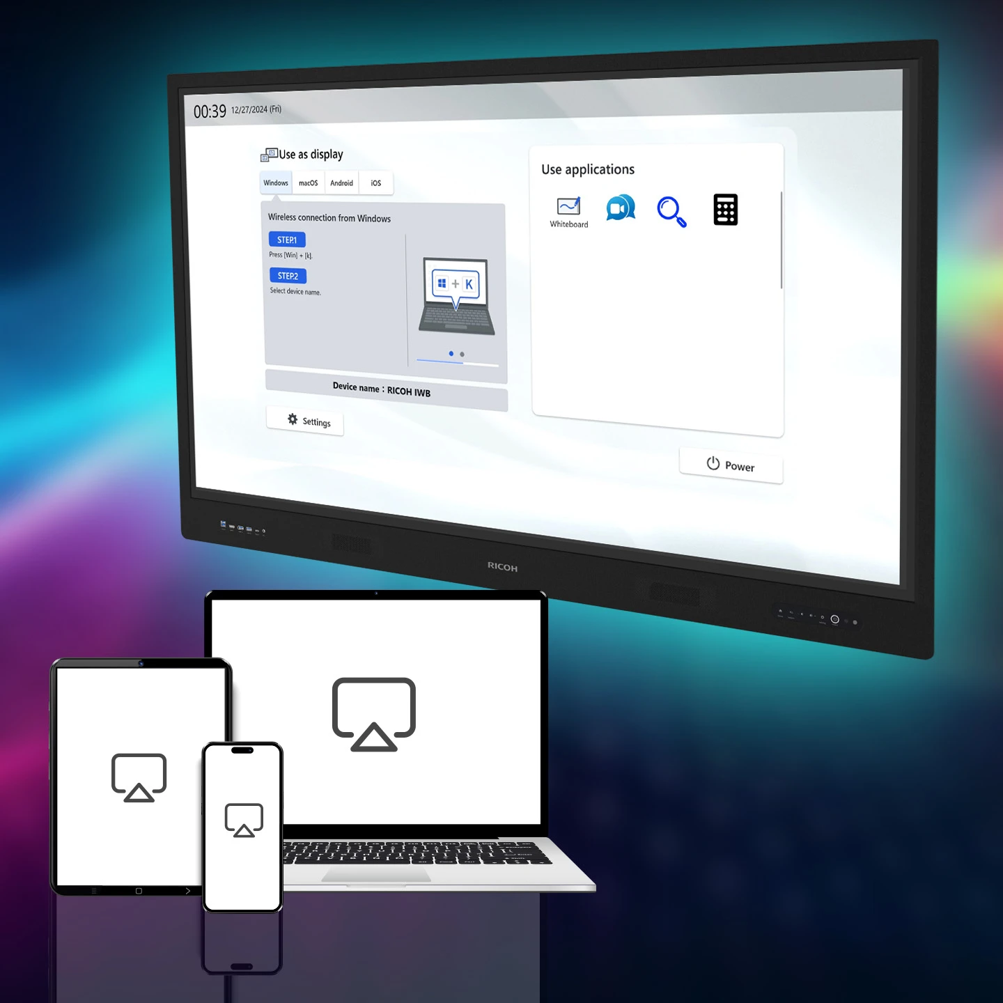 A diagram illustrating the steps to wirelessly connect a Windows laptop to a smart display. The laptop is silver and shows the Windows logo. The larger display is black and shows a colorful abstract image. The connection is indicated by a colorful wave pattern. The diagram includes text instructions: "STEP 1: Press [Win] + [k]" and "STEP 2: Select device name." The device name is "RICOH IWB.