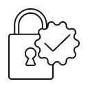 Icon of a black-outlined padlock with a bright red checkmark inside a red, starburst-shaped badge, signifying security, protection, and successful verification or authentication.